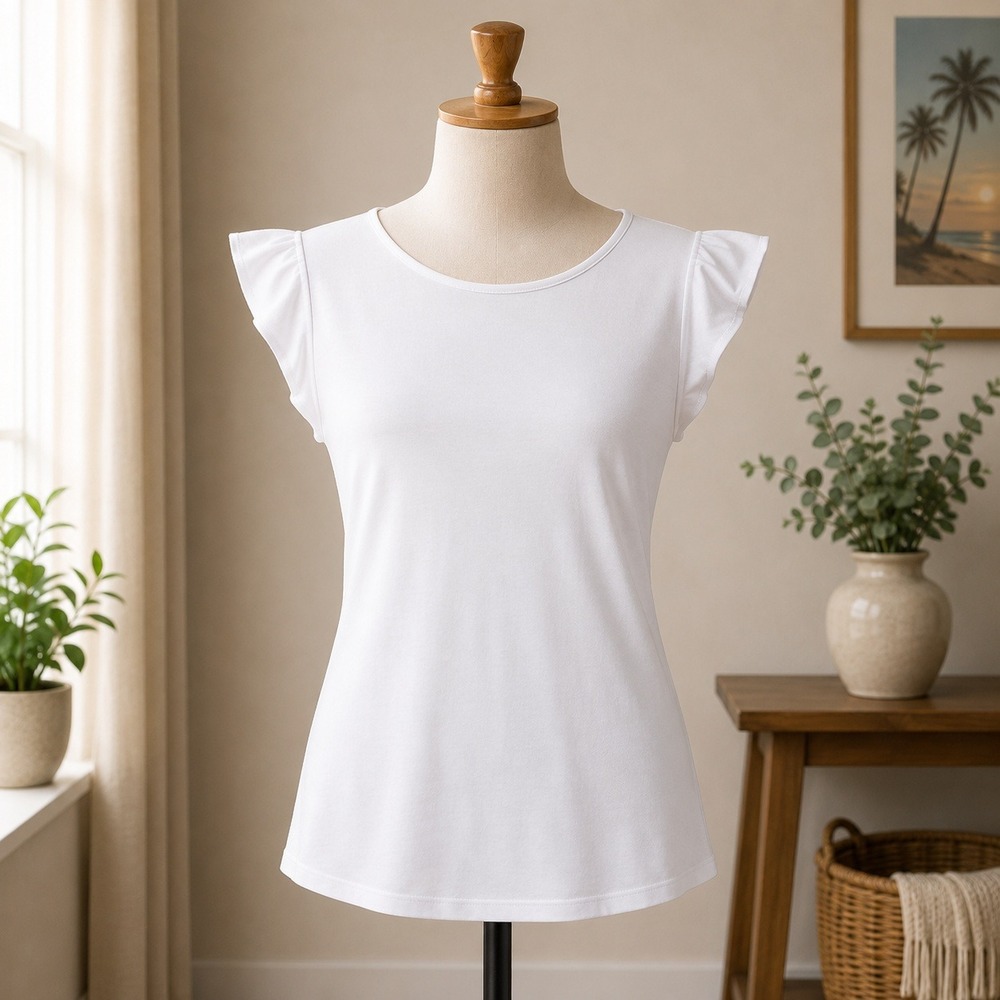 NWT T Tahari Flutter Sleeve Top Womens XS White Crew Neck Lightweight Blouse